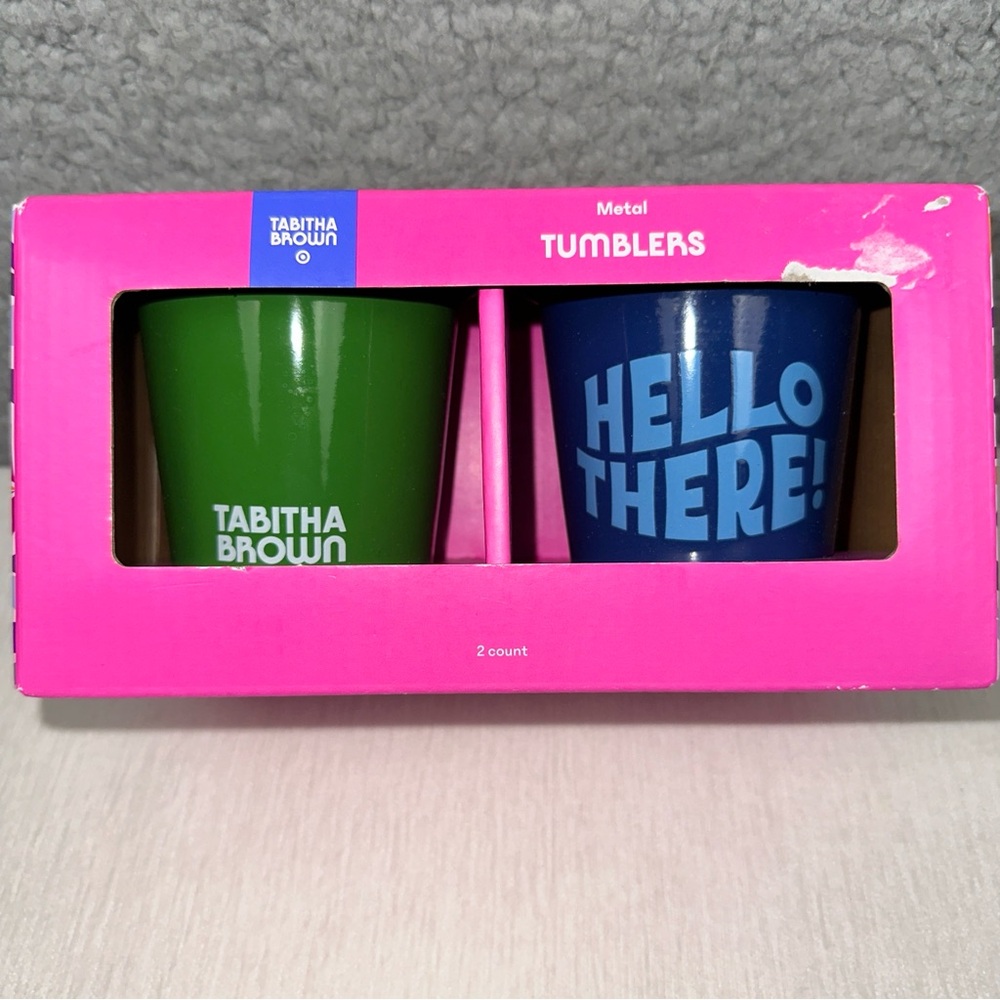 Tabitha Brown Hello There Metal Tumblers Blue and Green 2 Count Set New